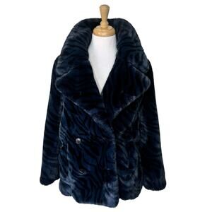 ZADIG & VOLTAIRE Miller Tiger Double Breasted Faux Fur Coat Black Blue Zerbra